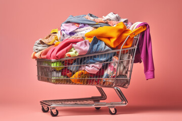 Shopping cart filled to the top with clothes on a pastel pink background. The concept of overconsumption.