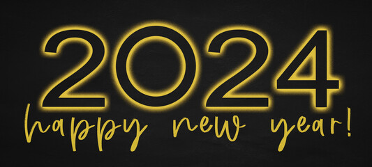 HAPPY NEW YEAR 2024 - Festive silvester New Year's Eve Sylvester Party background greeting card illustration with glowing neon font on dark black concrete wall