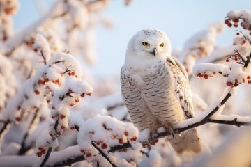 White owl perched on snow-covered branch of red rowan tree with copy space. - obrazy, fototapety, plakaty