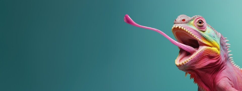 Advertising banner with funny pink chameleon with tongue sticking out in time to hunt on blue background with copy space.