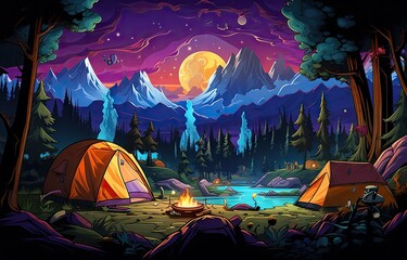camping scene with tents and campfire Generative AI - obrazy, fototapety, plakaty