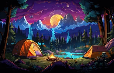 Fotobehang camping scene with tents and campfire Generative AI © SKIMP Art