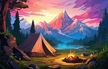 Papier Peint photo Lavable Camping camp concept illustration, camp fire, tent Generative AI