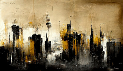 Fototapeta na wymiar Generative AI, Black and golden watercolor abstract cityscape painted background. Ink black street graffiti art on a textured paper vintage background, washes and brush strokes
