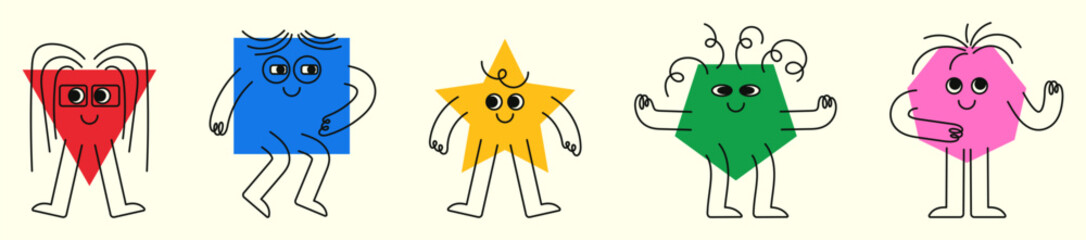 Colorful set of geometric shapes with emotions, arms and legs. Trendy graphics for children. Cute characters of basic geometric shapes on isolated background.