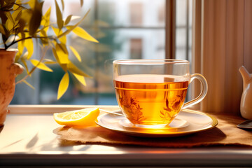 A glass of hot herbal tea on a saucer in a window sill next to a flower,