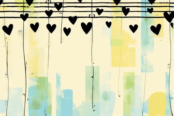 Charming black hearts hanging on lines over a whimsically striped vintage background