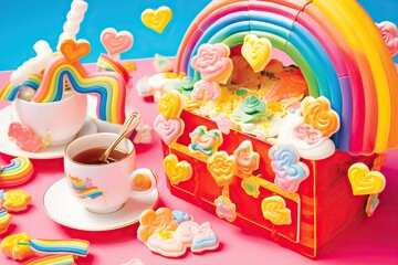 Bright rainbow and heart candies on a vibrant pink background