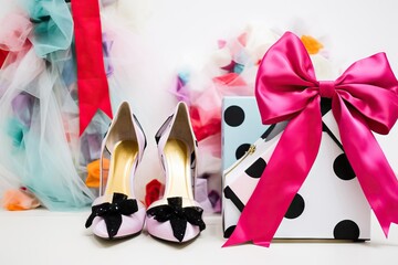 Chic high-heeled shoes with black bows next to a stylish polka-dot gift box with a pink bow