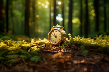 World earth hour, alarm clock stands in the forest, turn off lights, save energy, protect nature...