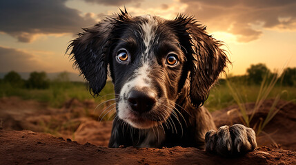 Cachorro en el barro - Perro pastor feliz - Chucho canino adorable ojo de pez - Estilo border collie - obrazy, fototapety, plakaty