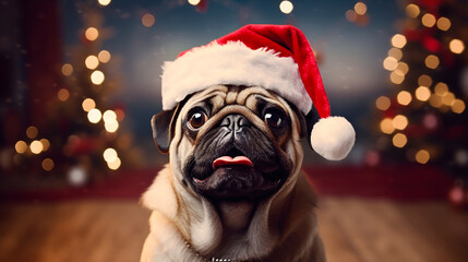 Perro navidad gorro - Mascota navideña, papa noel - Celebración perro animal compañía Pug