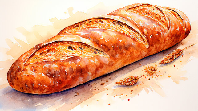 Barra de pan - Ilustracion acuarela pintura pan - Trigo panaderia