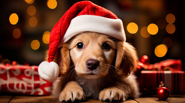 Perro navidad gorro - Mascota navideña, papa noel - Celebración perro animal compañía labrador golden retriever - Cachorro