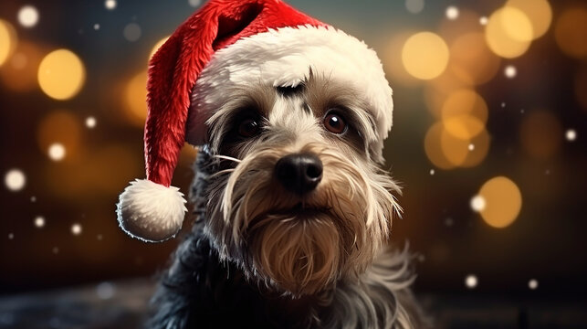 Perro navidad gorro - Mascota navide&ntilde;a, papa noel - Celebraci&oacute;n perro animal compa&ntilde;&iacute;a schnauzer