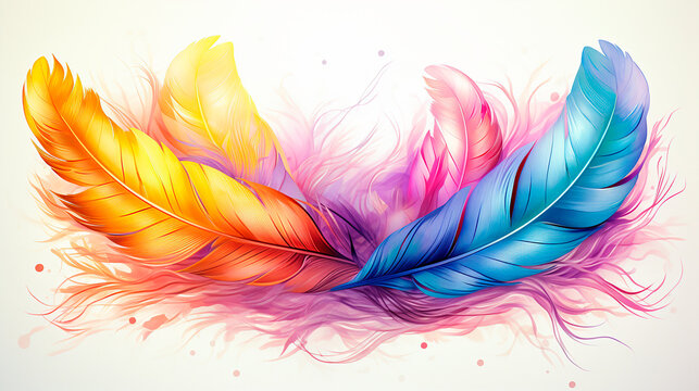Plumas acuarela ilustracion pintura - Ave pluma pajaro pintura amarillo, azul, morado, naranja 