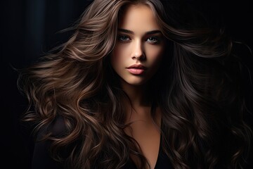 Fototapeta premium Portrait of a beautiful brunette with long wavy hair on a dark background. Generated by AI.