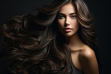 Fototapeta premium Portrait of a beautiful brunette with long wavy hair on a dark background. Generated by AI.