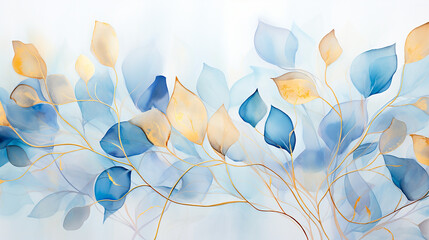 Hojas acuarela ilustración liquida - Dorado hojas plantas ramas pintura abstracto -  Azul y dorado oro - obrazy, fototapety, plakaty