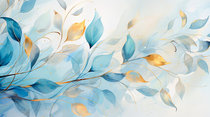 Hojas acuarela ilustración liquida - Dorado hojas plantas ramas pintura abstracto -  Azul y dorado oro - obrazy, fototapety, plakaty
