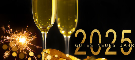 Gutes neues Jahr 2025, Grußkarte mit Text - Champagnergläser, Sekt Glässer, anstoßen,...
