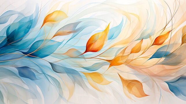 Hojas acuarela ilustraci&oacute;n liquida - Dorado hojas plantas ramas pintura abstracto -  Azul y dorado oro