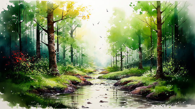 Bosque paisaje ilustracion con rio - Acuarela naturaleza pintura bosque arboles - Flores vegetación