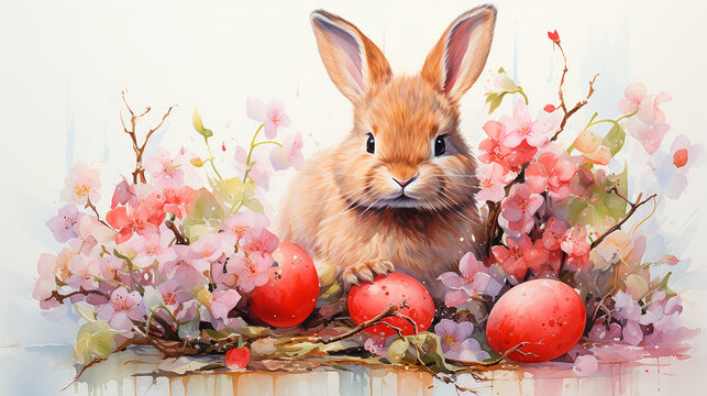 Conejo pascua ilustración - Liebre Acuarela pintura pascua celebración semana santa - Huevos pascua flores