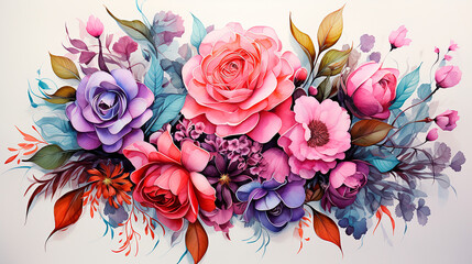 Flores ilustración pintura lapices corores - Rosas, colorido - Pintura acuarela hojas y plantas