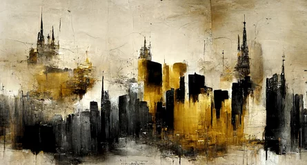 Foto op Plexiglas Aquarelschilderij wolkenkrabber  Generative AI, Black and golden watercolor abstract cityscape painted background. Ink black street graffiti art on a textured paper vintage background, washes and brush strokes