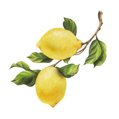 Lemons are yellow, juicy, ripe with green leaves, flower buds on the branches, whole and slices. Watercolor, hand drawn botanical illustration. Isolated object on a white background
