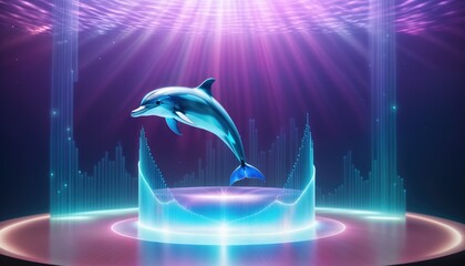 podium with a splash of water and a jumping dolphin in pink-blue lighting - obrazy, fototapety, plakaty