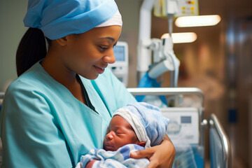 African American nurse cradling a newborn baby, displaying genuine emotions of nurture and care for infant. New beginnings moment captured in a modern hospital setting - obrazy, fototapety, plakaty
