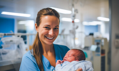 Nurse cradling a newborn baby, displaying genuine emotions of nurture and care for infant. New beginnings moment captured in a modern hospital setting