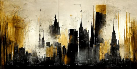 Tuinposter Aquarelschilderij wolkenkrabber  Generative AI, Black and golden watercolor abstract cityscape painted background. Ink black street graffiti art on a textured paper vintage background, washes and brush strokes