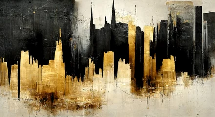 Foto auf Acrylglas Aquarellmalerei Wolkenkratzer Generative AI, Black and golden watercolor abstract cityscape painted background. Ink black street graffiti art on a textured paper vintage background, washes and brush strokes