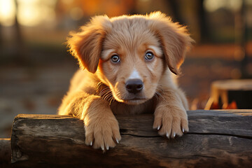 Cute retriever puppy sitting on a bench, dog animal portrait, pets