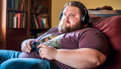 Overweight man gaming, 2000-pound character, chubby appearance, Xbox enthusiast - obrazy, fototapety, plakaty