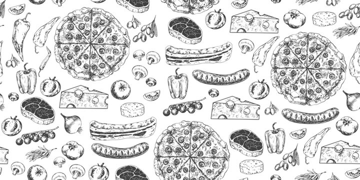 Seamless pattern with ingredients for pizza. Sketch style pizza, cheese, tomato, mushroom, onion, paprika, meat, steak, sausage, bacon, olive. Engraving style food. Black and white Illustration