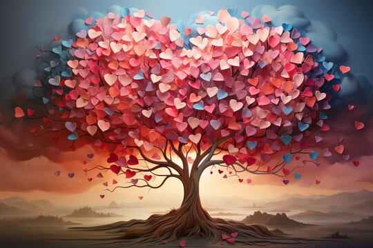 Colorful hearts on a tree, love, charity and friendship, volenteer and humanitarian help concept, valentines day
