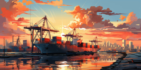 Dynamic port logistics banner with cargo containers.
