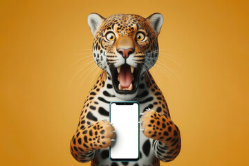 Shocked Jaguar holding smartphone with white mockup screen on solid color background. ai generative