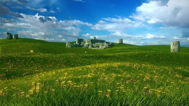 Landscape of Grass and Flowers Hills and Ancient Ruins - Loop Fantasy Nature Background Wallpaper