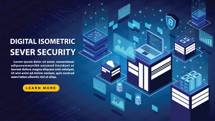 Digital Isometric Server Security and data sever on blue background. - obrazy, fototapety, plakaty