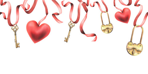Gold metal padlock with a hole, key heart shape and heart red suspended on red ribbons. Hand drawn watercolor illustration. Seamless border on a white background