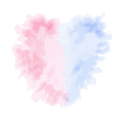 Heart Watercolor Stain. Vector illustration of paint spot of blue and pink colors. Hand drawn isolated splash texture. Brush stroke painting in pastel colors. For cards at the gender reveal party