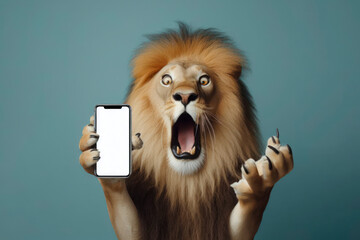 Shocked Lion holding smartphone with white mockup screen on solid color background. ai generative - obrazy, fototapety, plakaty