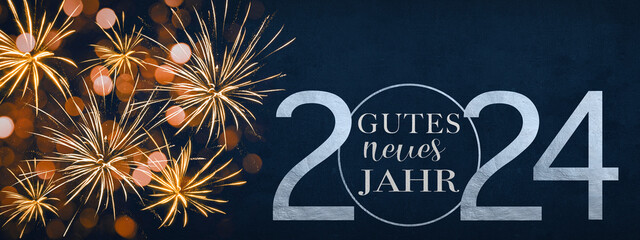 Gutes neues Jahr 2024 Silvester Feiertag Grußkarte mit deutschem Text - Feuerwerk in der Nacht am...