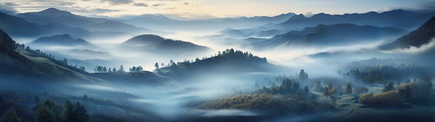 Panoramic shot of mystical morning with fog in aerial mountain view
