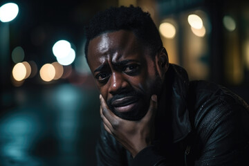 Fototapeta premium Distressed African man crying alone at night.